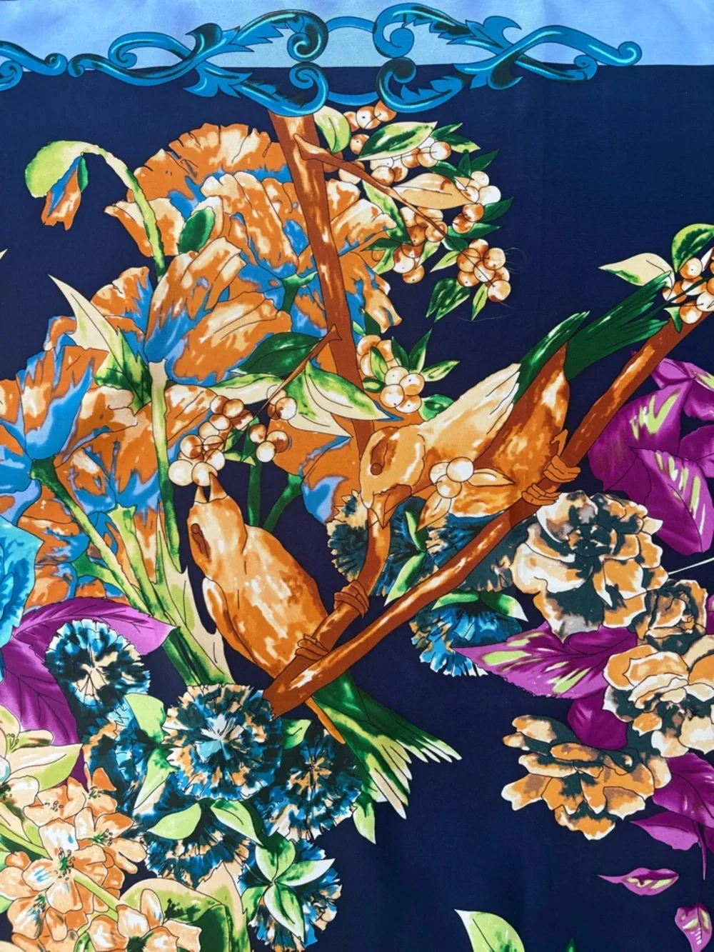Floral Garden Silk-Feel Square Scarf in Navy & Orange